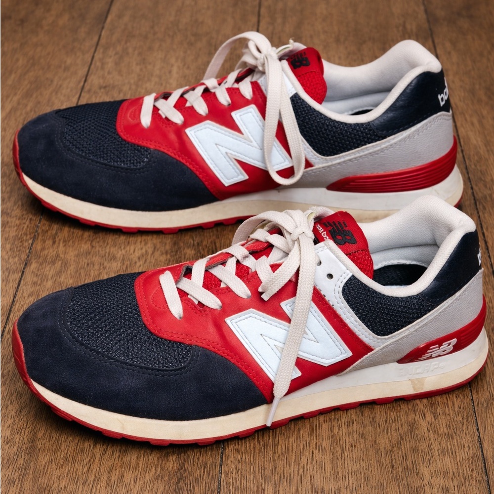 New Balance 574 Red Navy White Sneakers Mens 10.5 Retro Dadcore